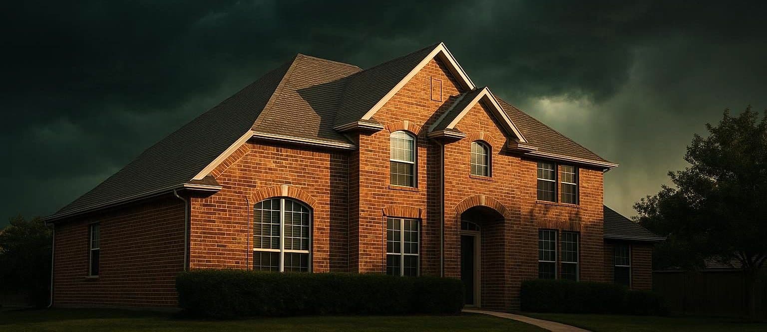 Texas brick home under a dark storm sky